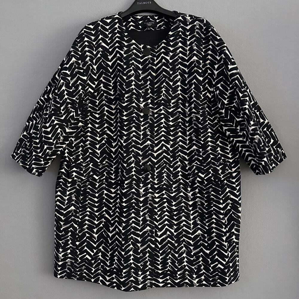 Talbots Black & White Abstract Herringbone 3/4 Sleeve Topper Jacket Coat 22W